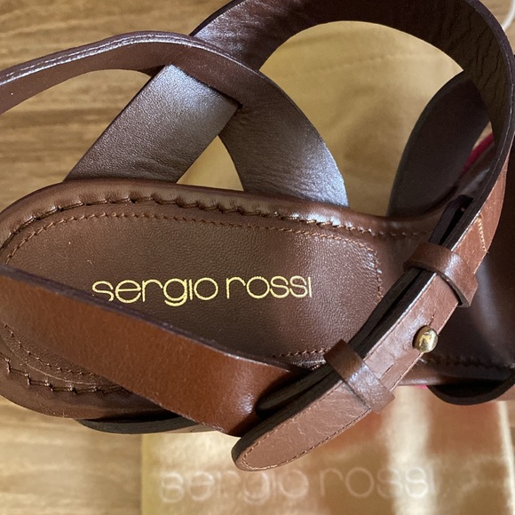 NEW SERGIO ROSSI Brown Leather & Berry Suede Platform Wedge Sandals Size 38 1/2 - Picture 8 of 17